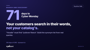 Synonyms: your customers search in their words, not your catalog’s. “Hoodie” must find “pullover fleece”.