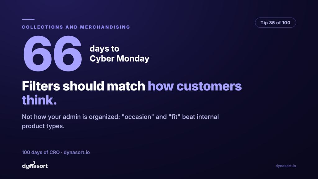 Filters should match how customers think, not how your admin is organized: “occasion” and “fit” beat internal product types.