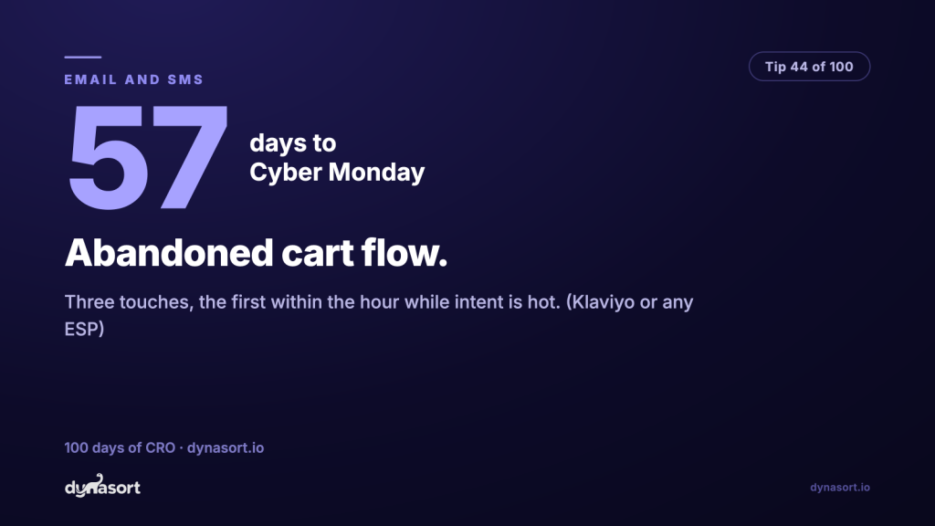 Abandoned cart flow: three touches, the first within the hour while intent is hot. (Klaviyo or any ESP)