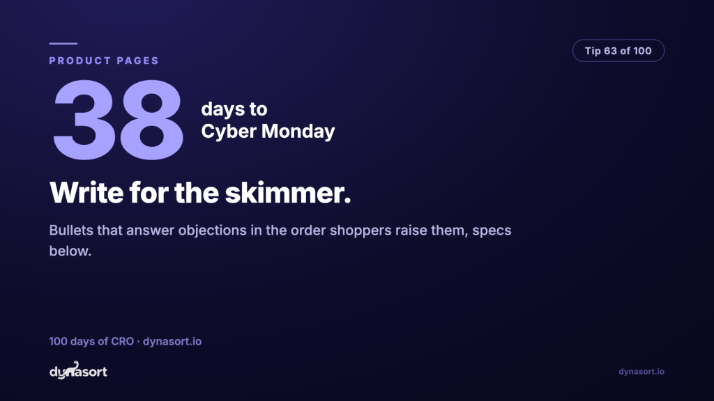 Write for the skimmer: bullets that answer objections in the order shoppers raise them, specs below.